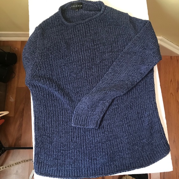 Spanner Mock Neck Sweater Open Ribbon Knit Minimalist Indigo Oversized Tunic Top - Picture 2 of 12